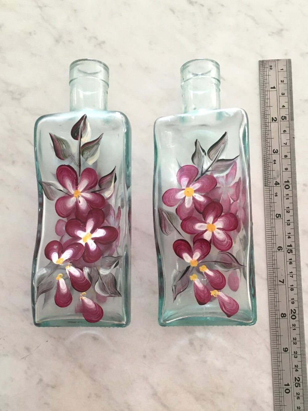 Hand painted decorative glass bottles with flowers